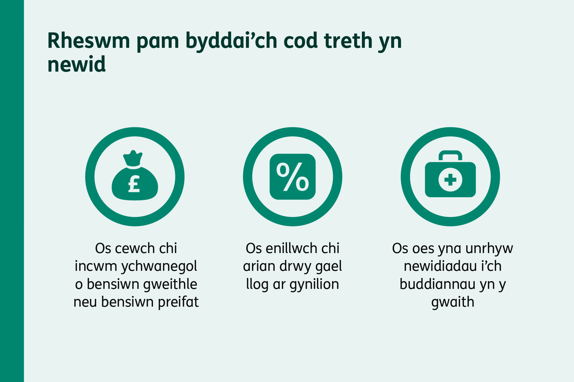 Eiconau yn dangos bod modd i’ch cod treth newid oherwydd incwm o bensiwn, llog ar gynilion neu addasiadau i fuddiannau.